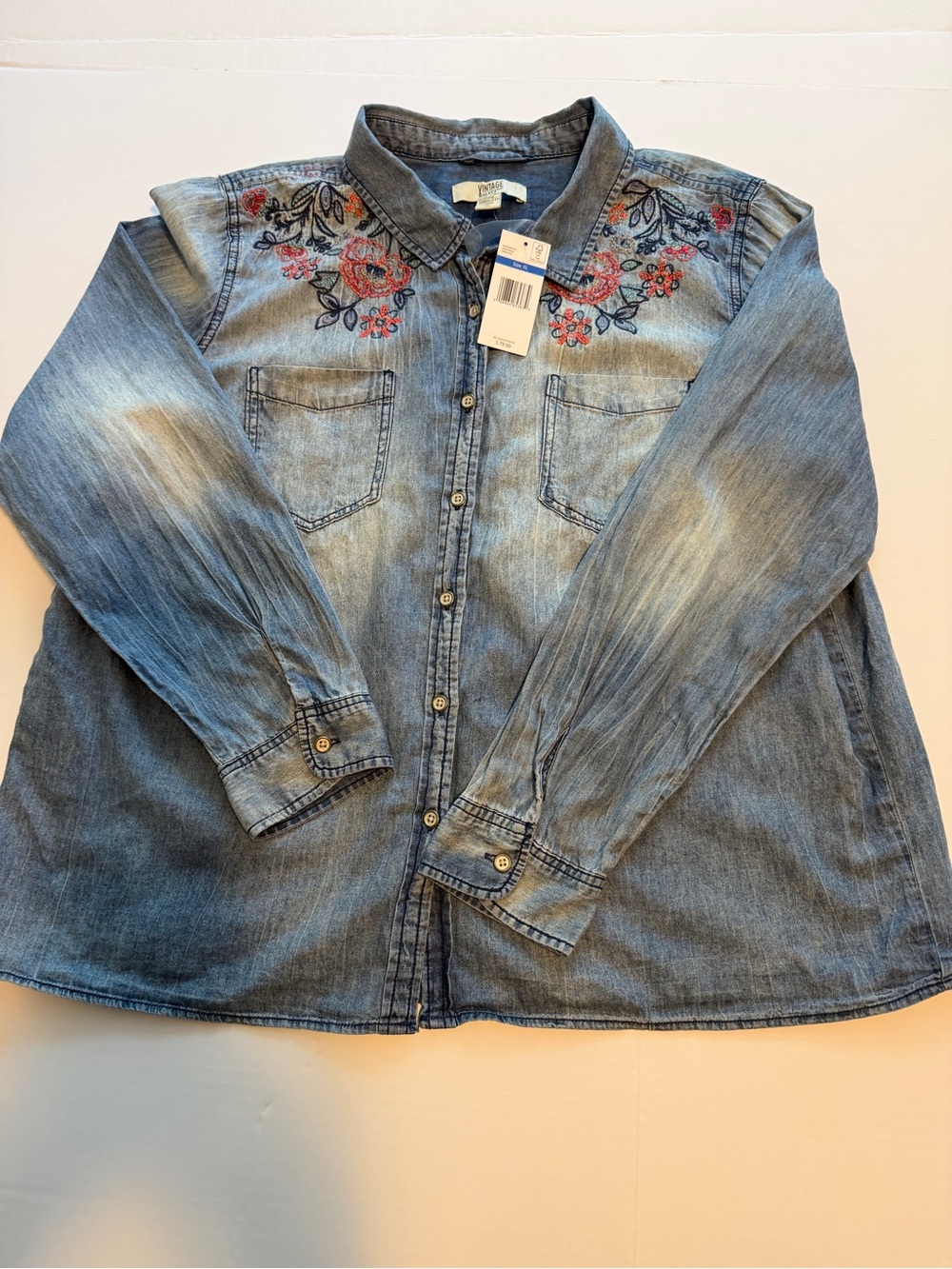 Vintage America Denim Shirt with Red and Navy Floral Embroidery